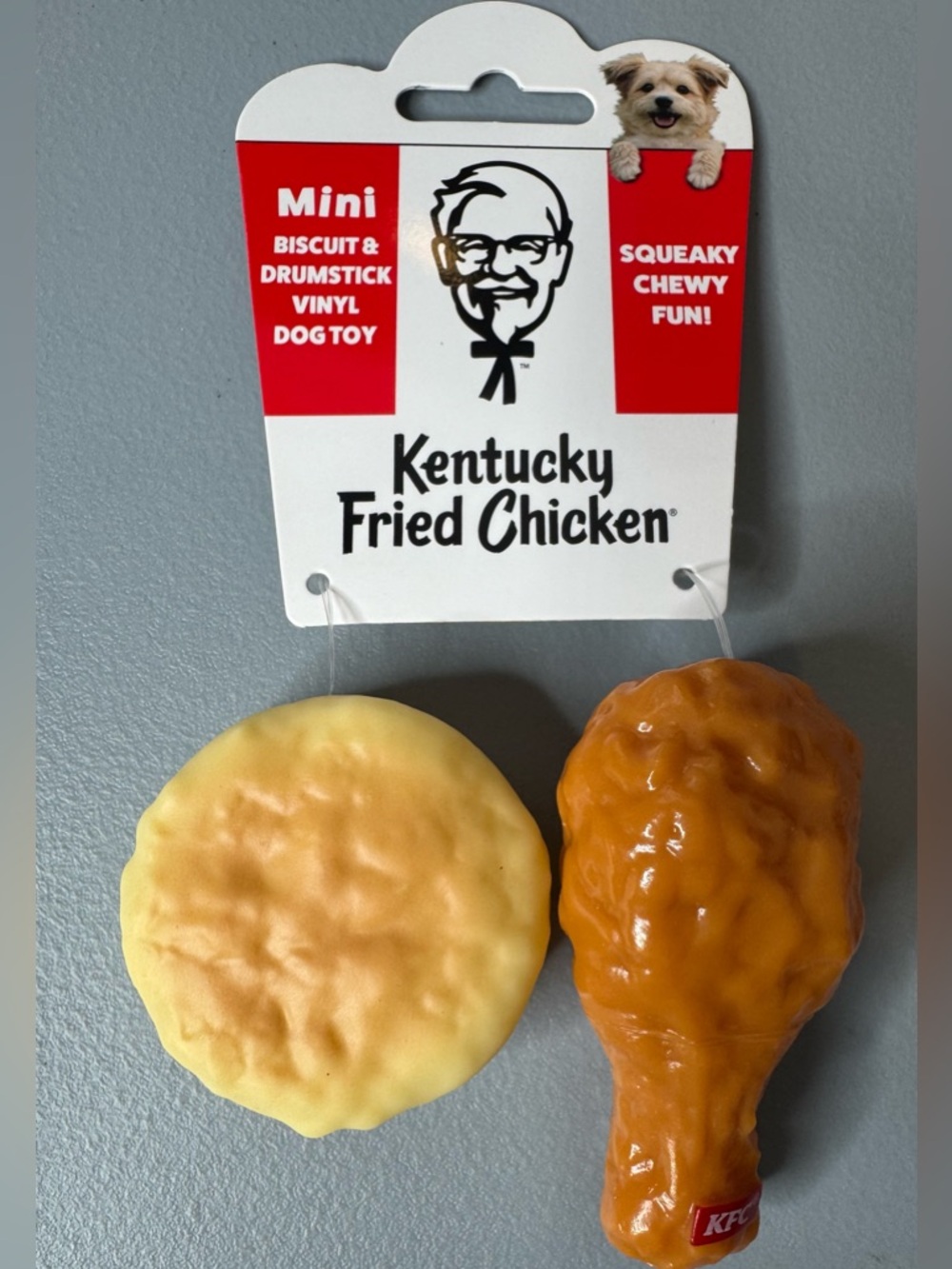 KFC officially licensed Biscuit & Drumstick Vinyl Dog Toy Set with squeaker
